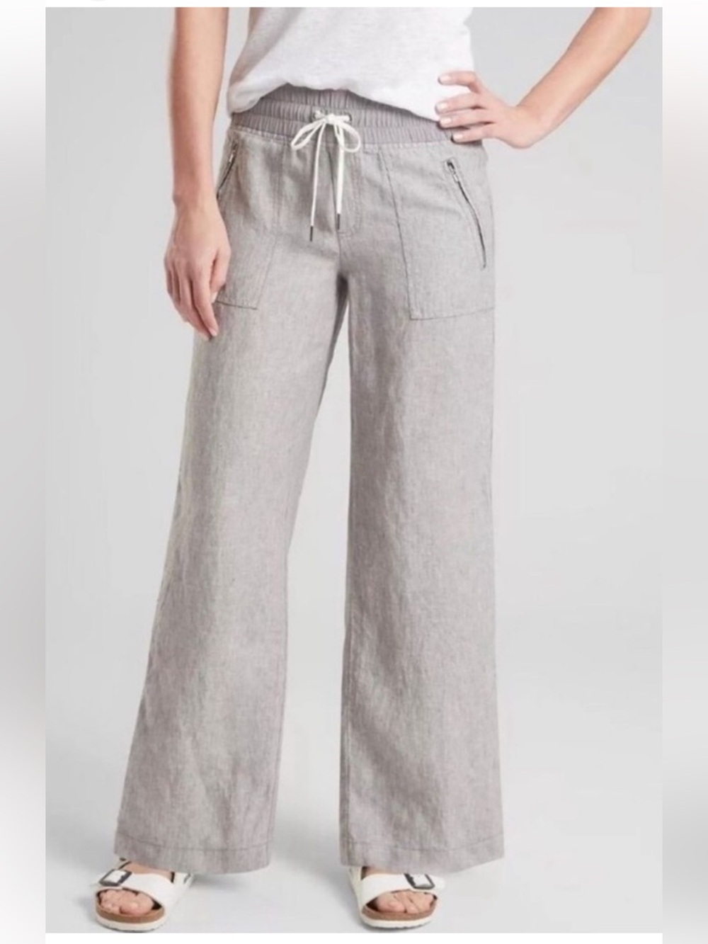 Athleta Cabo 100% Linen Light Gray Wide-Leg Pants